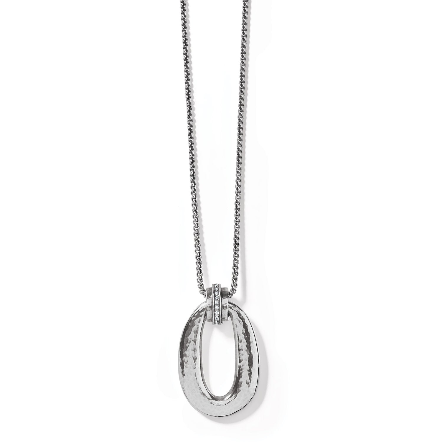 Silver plated adjustable pendant necklace with cool sculptural hammered links and fine quality crystal.