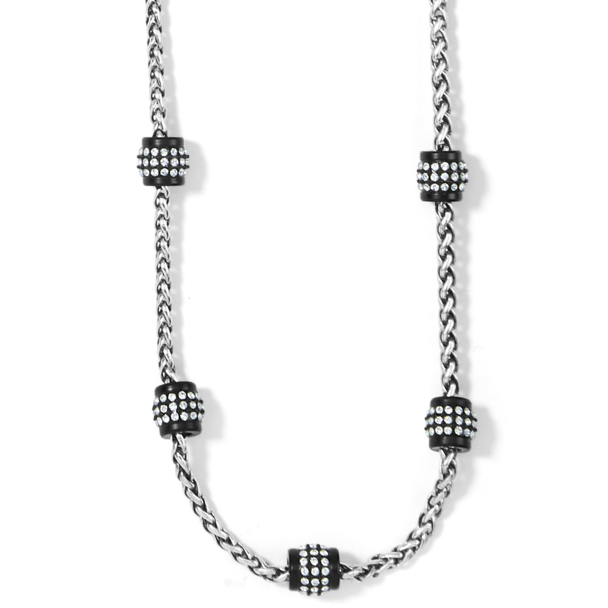 Adjustable silver-plated black lacquer station necklace with fine crystals on a delicate silhouette.
