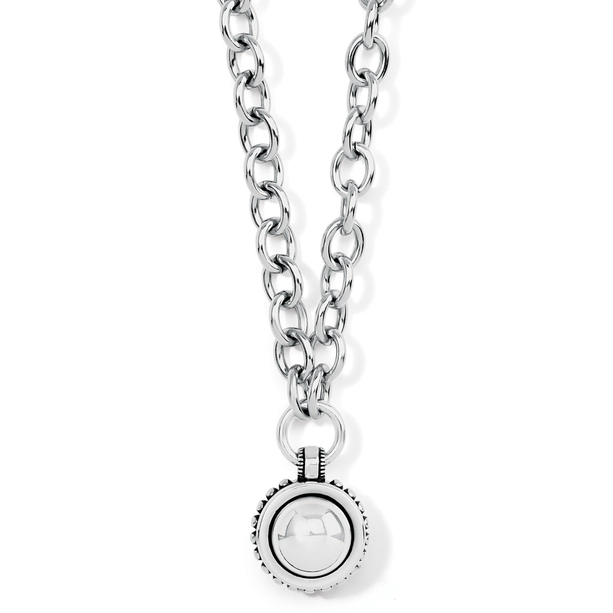 Silver plated adjustable stud necklace with bold circular pendant featuring fine quality crystals.