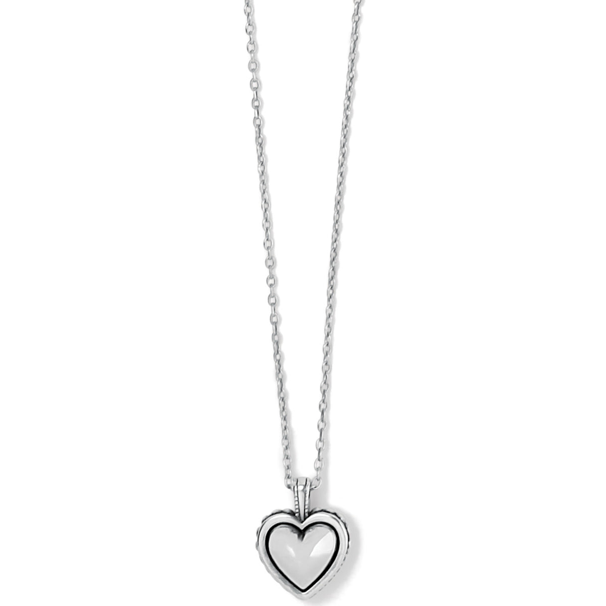 Silver plated petite heart necklace with sculpted studding border on an adjustable chain