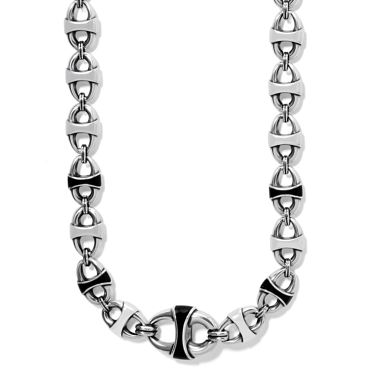 Silver-plated Portofino Link necklace with black enamel accents on a silver chain.