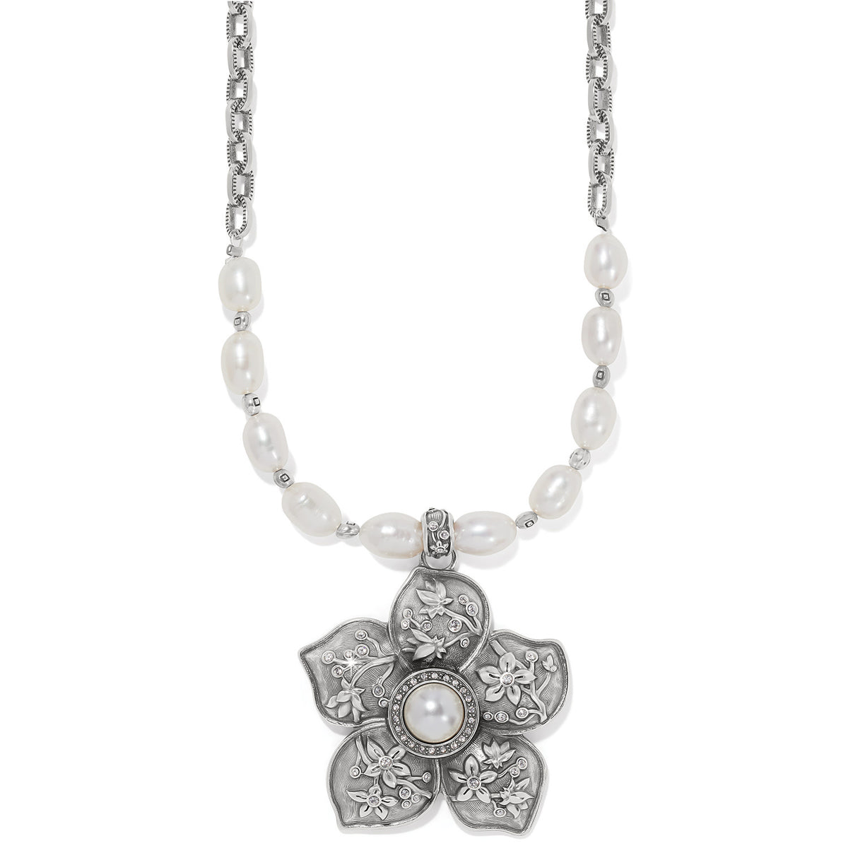 Silver plated necklace with cherry blossom relief pattern accented by natural freshwater pearls