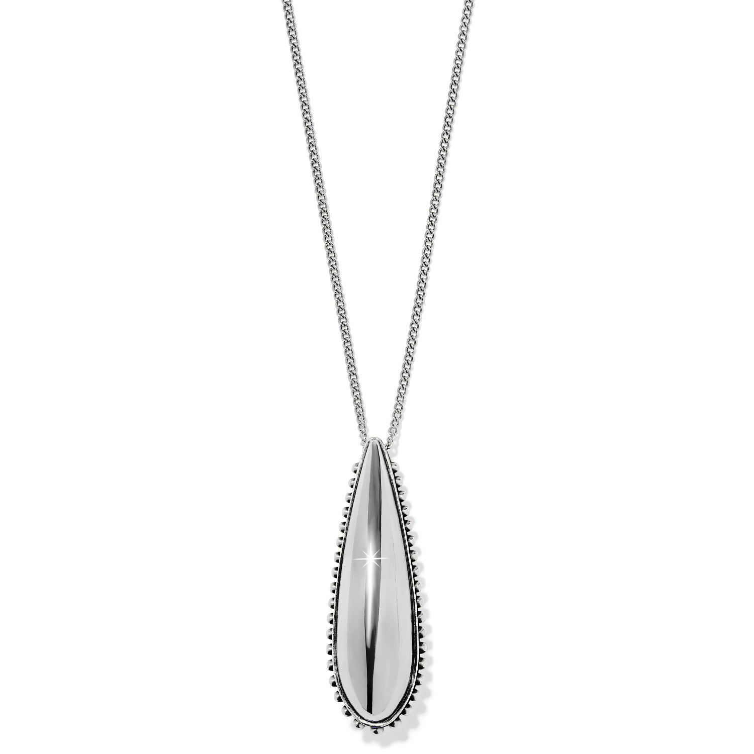 Silver plated adjustable necklace with a small droplet pendant on an 18-inch chain.