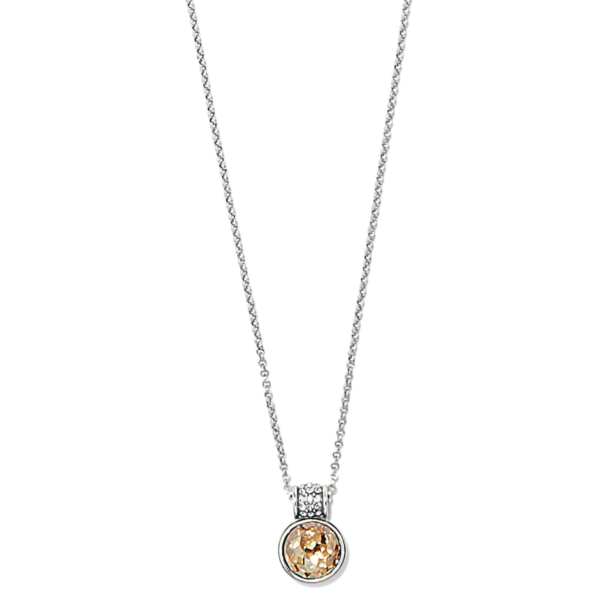 Silver plated petite necklace with hand-set European crystals in diamond-white hue and pave crystal cap.
