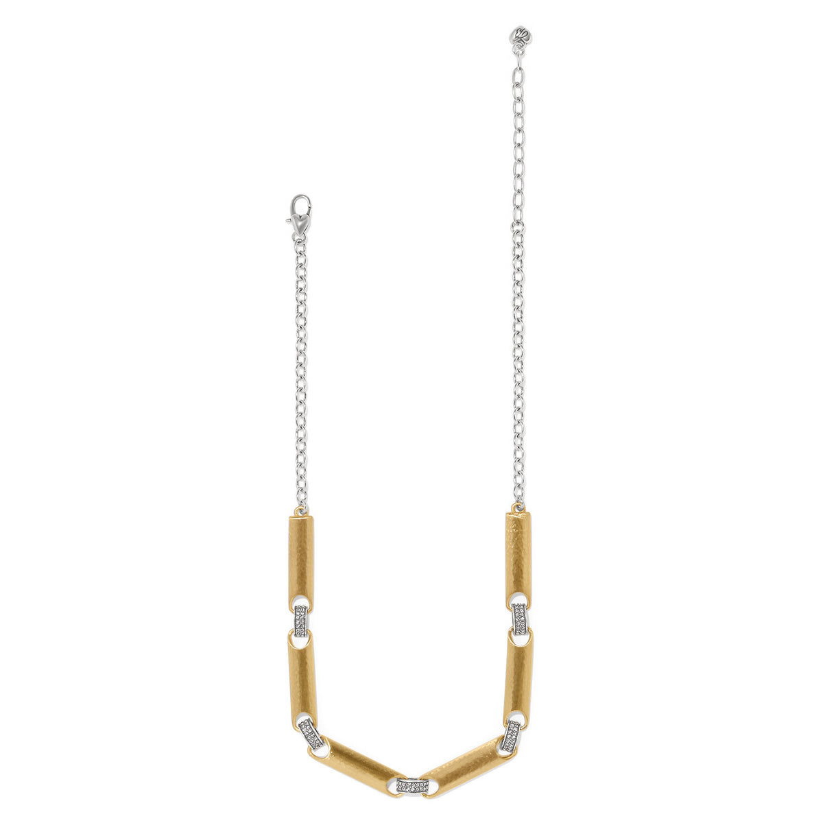 Gold two-tone adjustable collar necklace featuring fine quality crystals in a geometric pattern with lobster claw closure.
