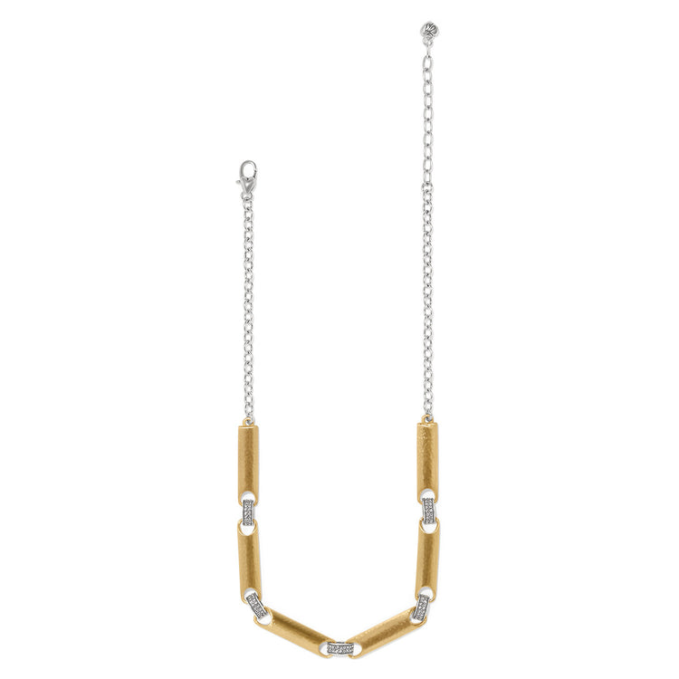 Gold two-tone adjustable collar necklace featuring fine quality crystals in a geometric pattern with lobster claw closure.