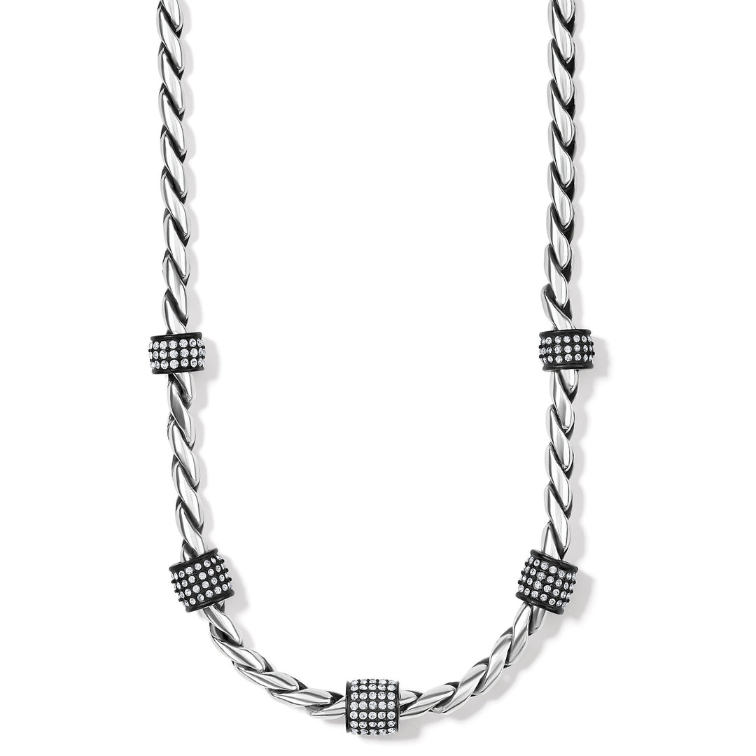 Adjustable silver-plated black necklace with roping texture and pave crystal stations.