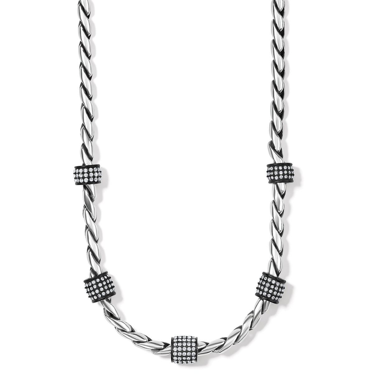 Adjustable silver-plated black necklace with roping texture and pave crystal stations.