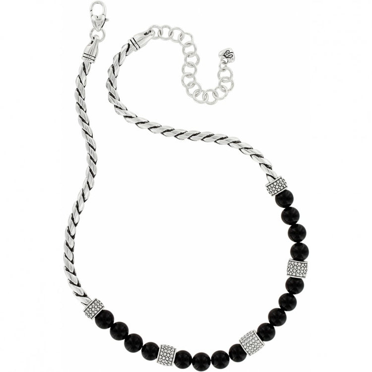 Black onyx and crystal bead necklace with silver-plated snake chain