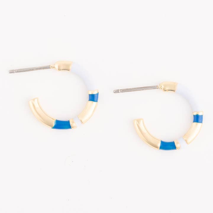 Layne Blue hoop earrings featuring gold, white, and blue enamel segments.
