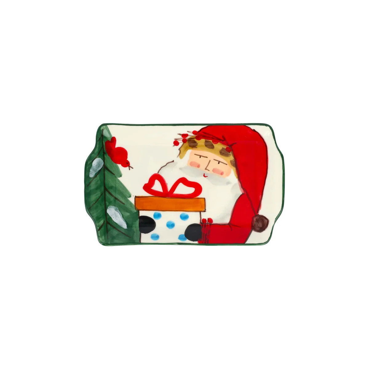 Old St. Nick 2026 Limited Edition Rectangular Plate with Santa holding a gift by a Christmas tree.