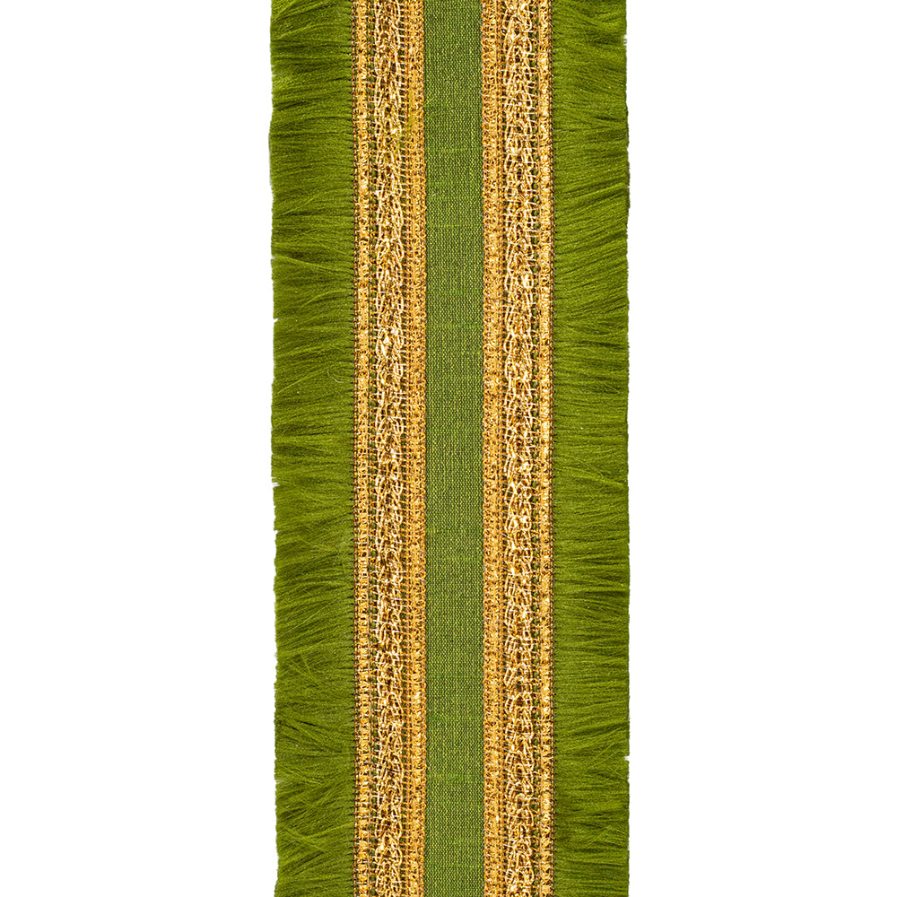 Moss green dupioni ribbon with gilded gold trim, fringe edges, and a wired center.