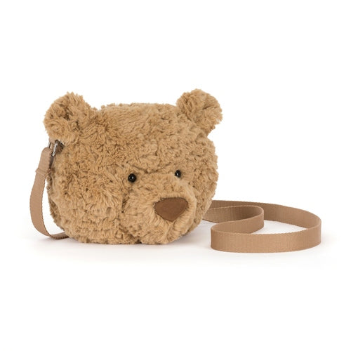 Bartholomew Bear Shoulder Bag in honey brown fur with a long strap and zip closure.