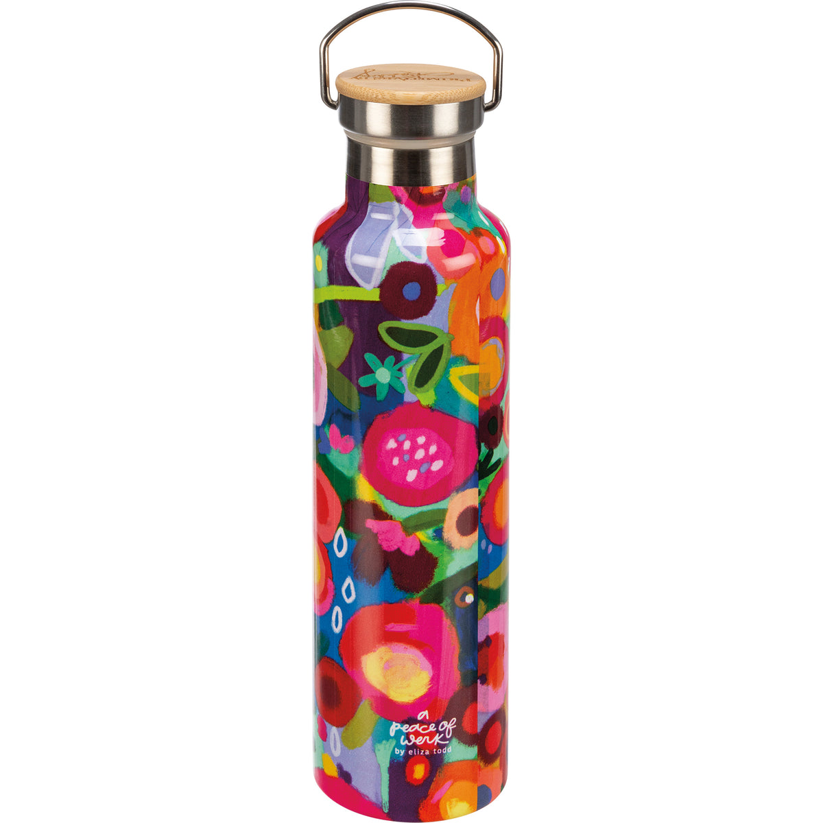 Pink floral insulated stainless steel water bottle with bamboo and metal handle lid.