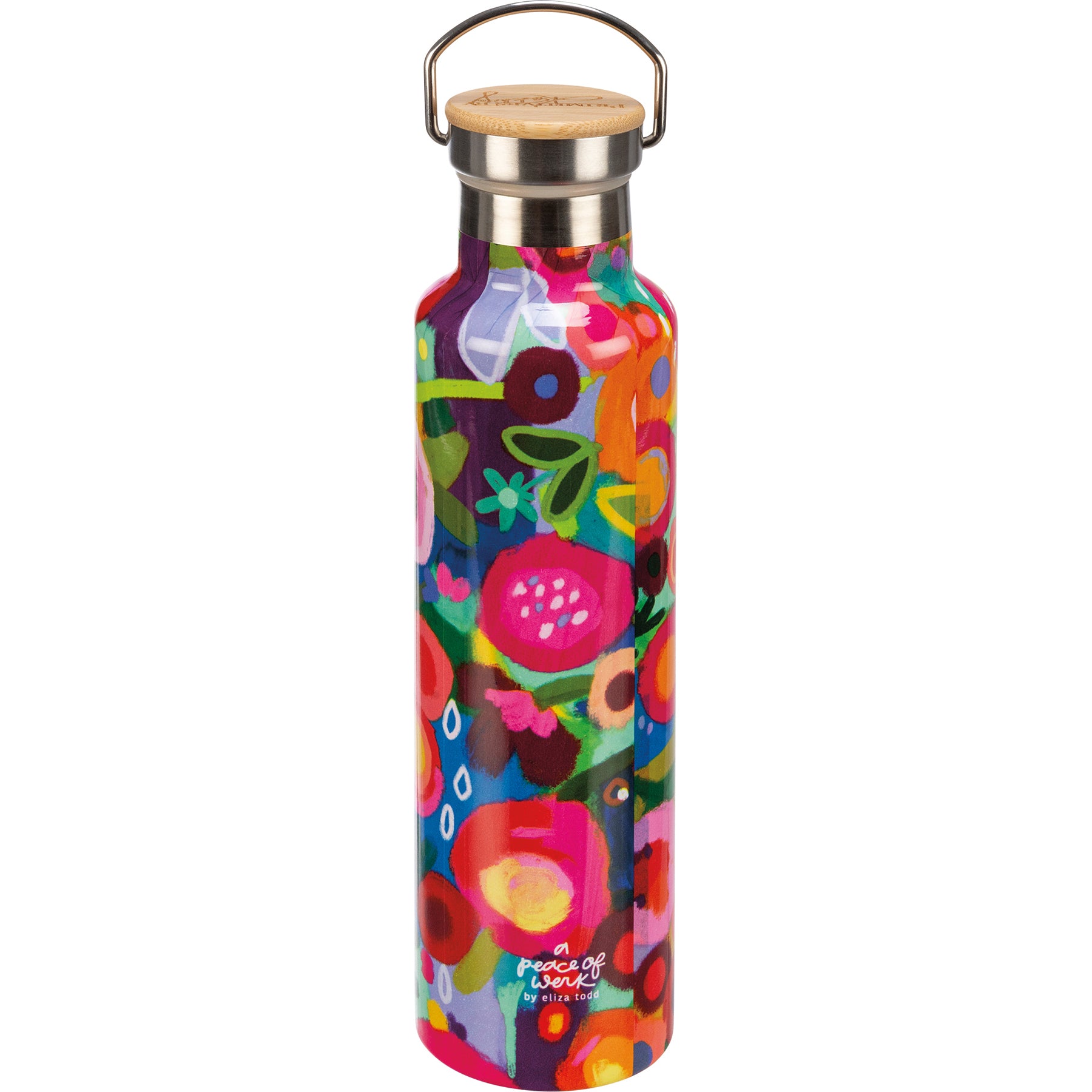 Pink floral insulated stainless steel water bottle with bamboo and metal handle lid.