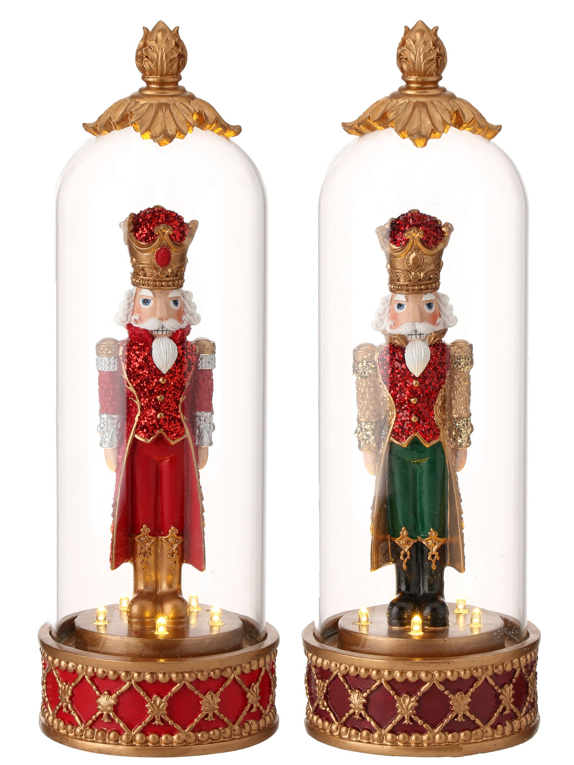 Two 13.5-inch resin nutcracker figures in glass cloches with LED lights on decorative bases.