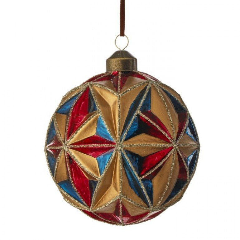 Four-inch glass starburst ball ornament with a reflective silver burst pattern on clear background