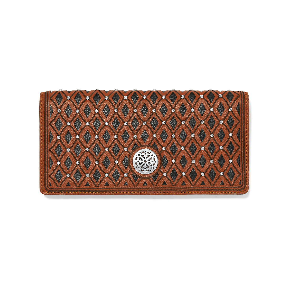 White Ferrara La Bellezza slim folio leather wallet with studded diamond accents, snap closure, and multiple card slots.