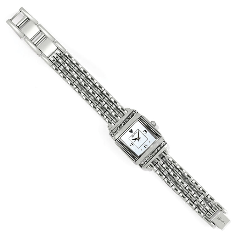 Silver plated reversible watch with rounded link band and fold-over clasp