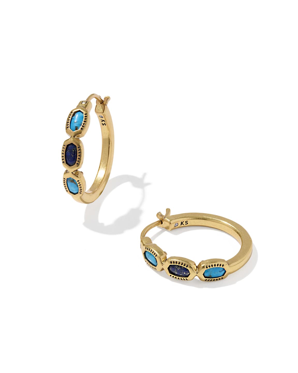 Mini Elisa Hoop Earrings in vintage 23k yellow gold over brass with blue stone accents.