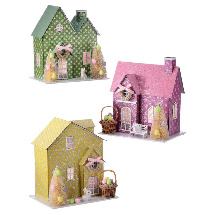 8.5-inch polka dot cardboard house toy with LED light, battery compartment, and timer feature.