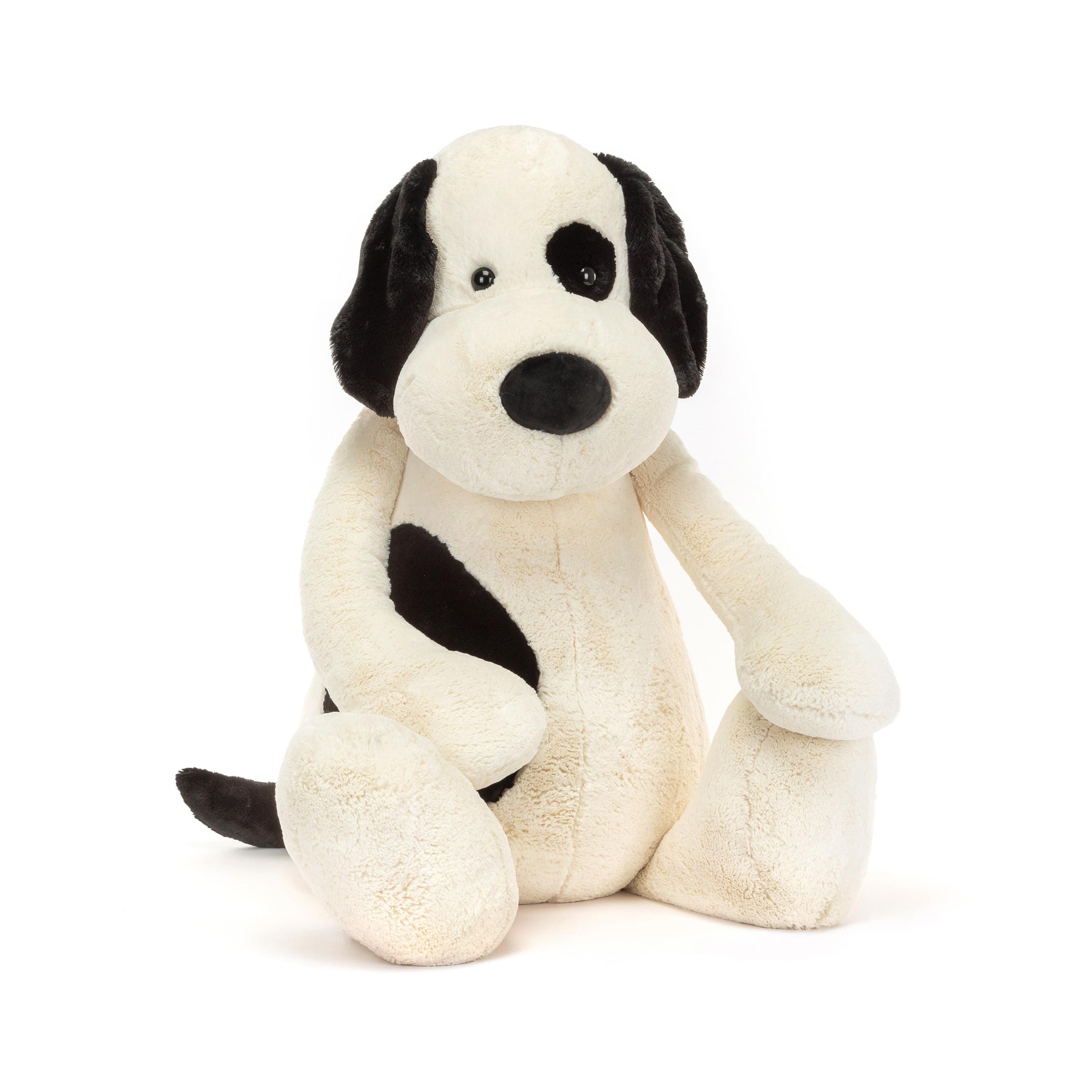 Bashful Black & Cream puppy plush with polyester fabric, PE bean filling, and a soft rounded silhouette.