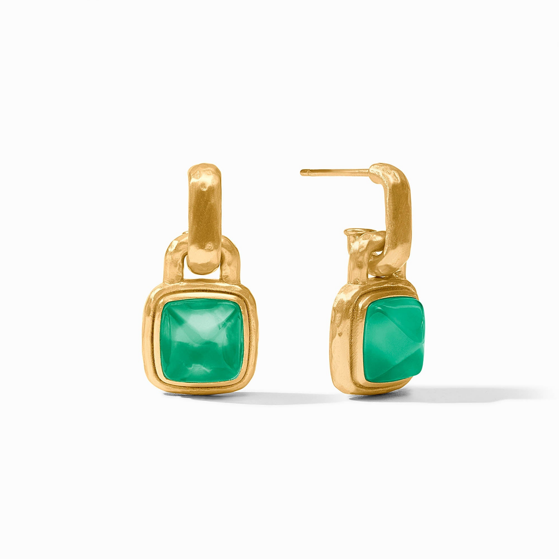 Sahara Hoop & Charm Earrings in 24K gold plate with square green glass charms.
