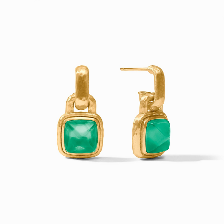 Sahara Hoop & Charm Earrings in 24K gold plate with square green glass charms.