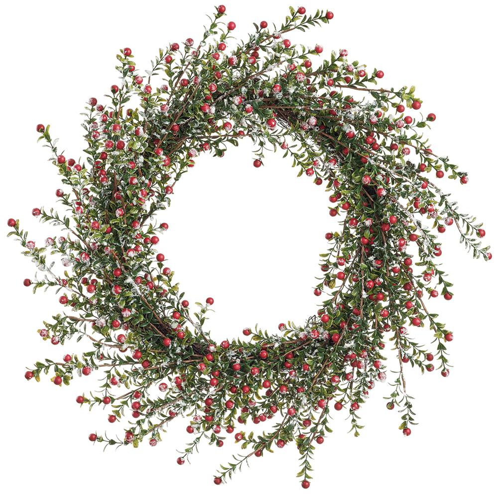 24-inch wreath with green foliage, red berries, and a light dusting of artificial snow.