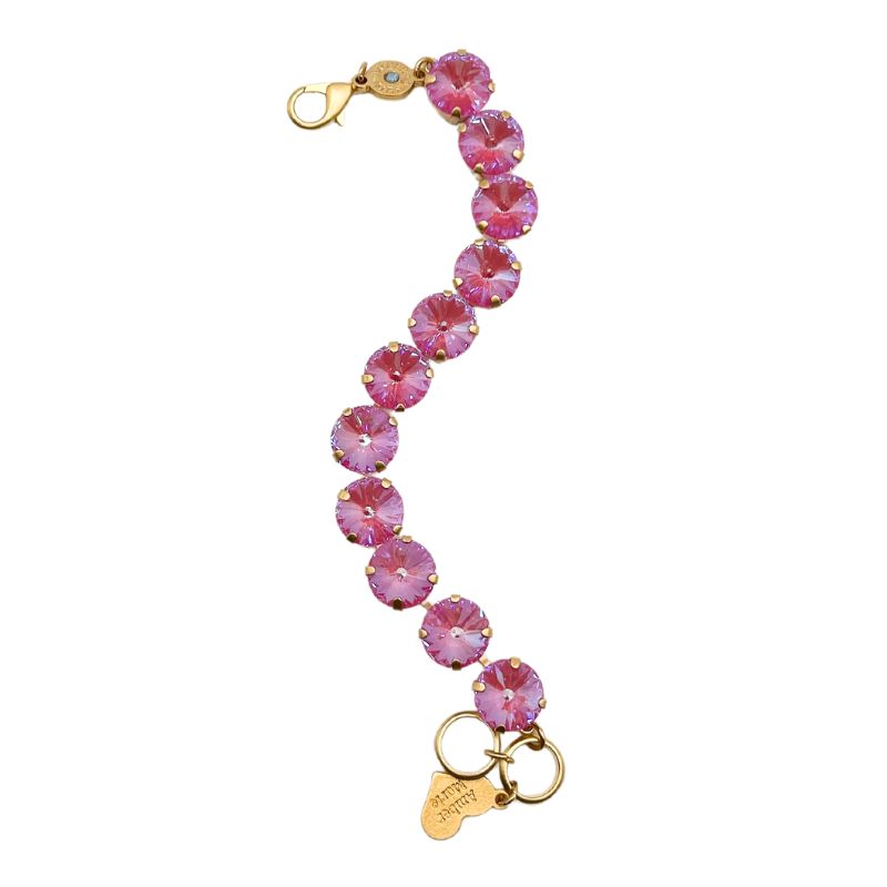 Jere Gold Medium Deluxe Cushion Cut bracelet in Malibu pink with gold-tone settings and heart charm.