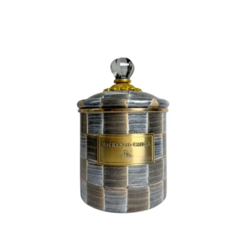 Sophisticheck Small Canister with grey and black checkered pattern and a glass knob lid.