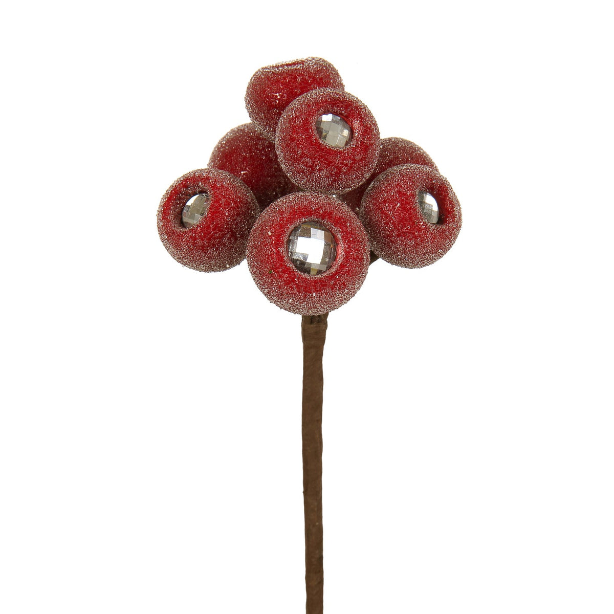 10-inch red beaded pod cluster pick with faceted jewel centers on a brown stem.