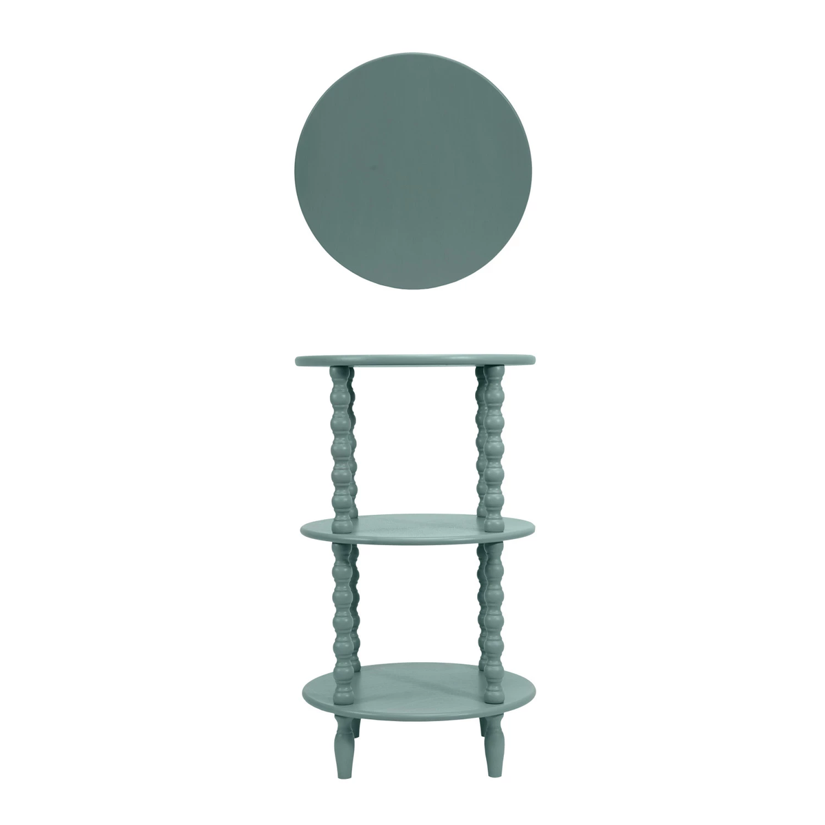 Blue round wooden table with two shelves and turned legs