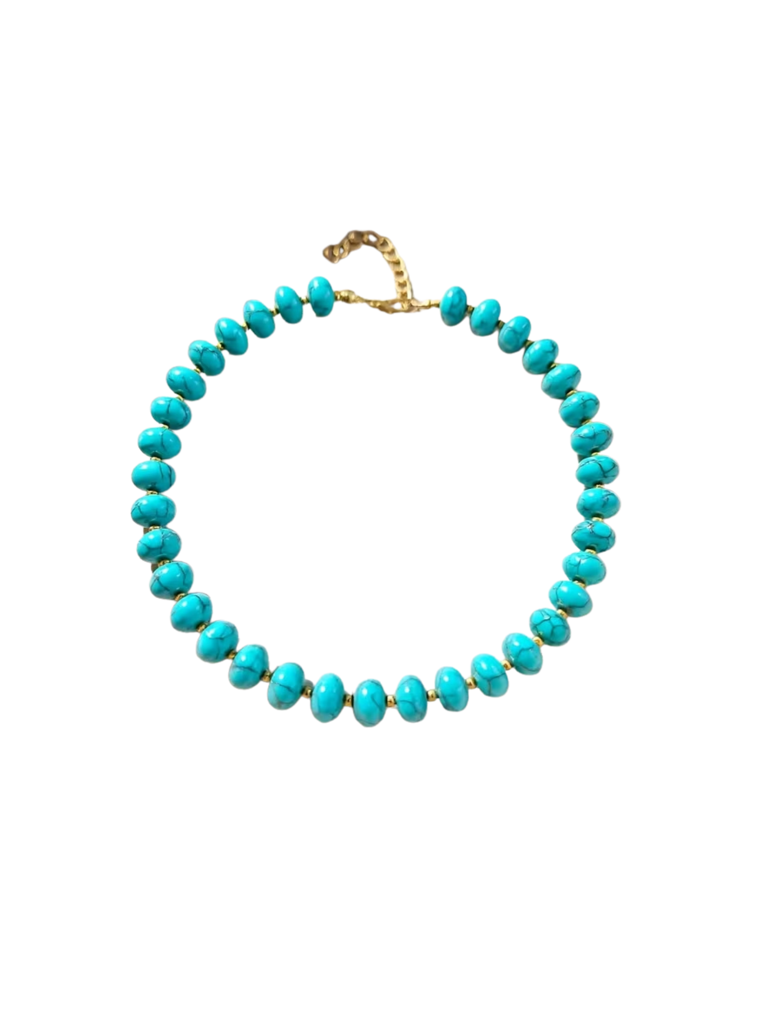 Boho beaded necklace featuring turquoise-colored stones and gold-toned spacers and clasp.