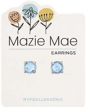 Silver light sapphire solitaire stud earrings on a Mazie Mae branded hypoallergenic card.