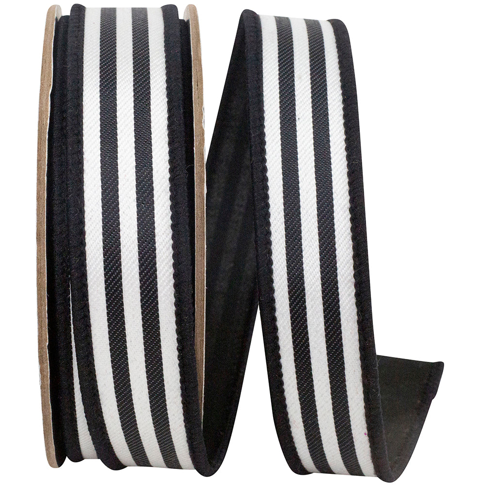 1-inch wide black and white striped twill ribbon with a wired edge on a spool.