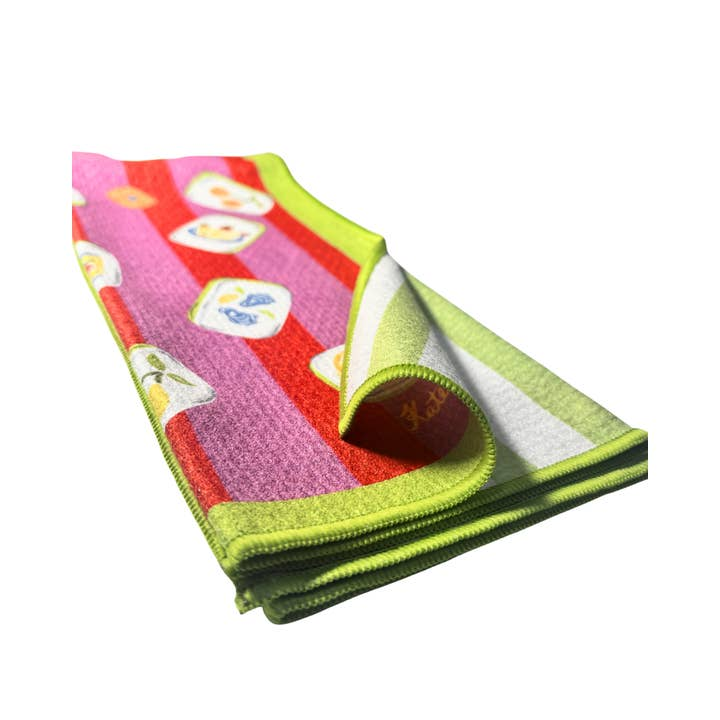Ciao Mahjong double-sided tea towel with pink, red, and green stripes and mahjong tile illustrations.
