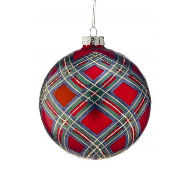 5-inch red glass Christmas ornament with a blue, green, and gold glitter plaid pattern.