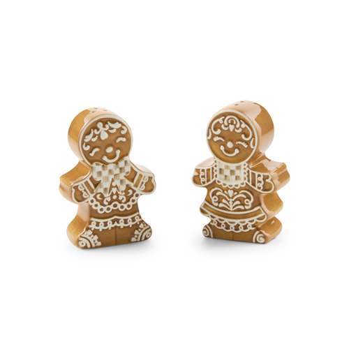 Mocha Check Gingerbread Salt & Pepper Shaker Set featuring two ceramic gingerbread figures.