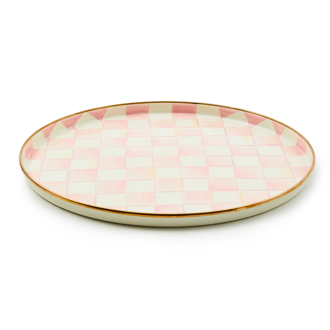 Rosy Check Round Tray featuring a pink and white hand-painted checkered pattern with a gold rim.