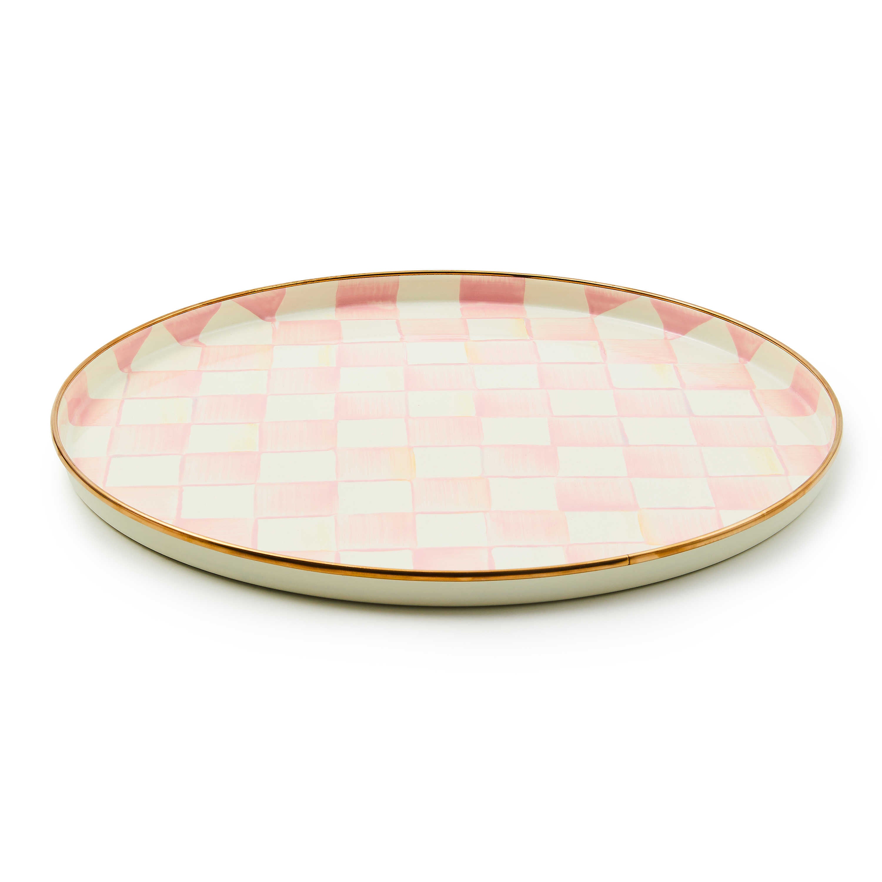 Rosy Check Round Tray featuring a pink and white hand-painted checkered pattern with a gold rim.