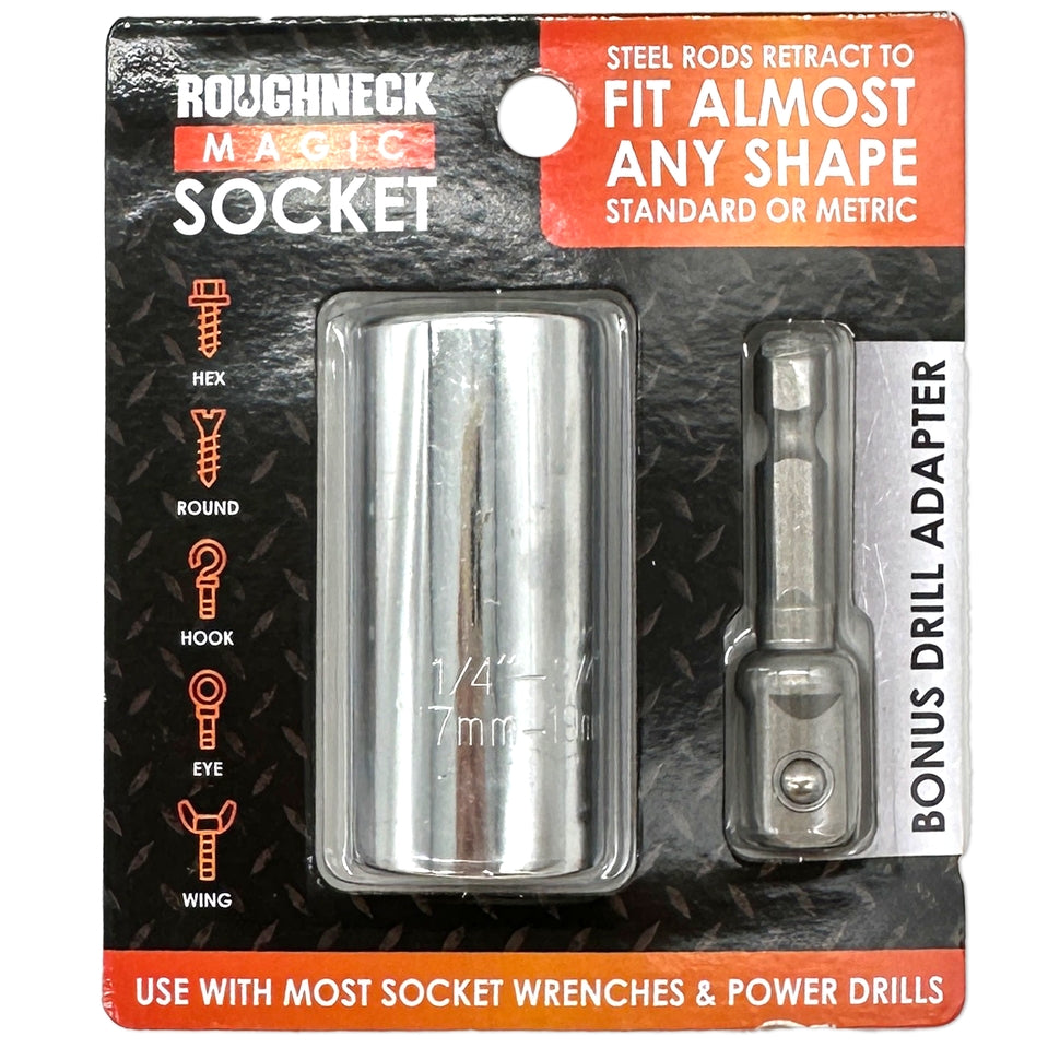Roughneck Magic Socket with drill adapter in black steel featuring formable rods.