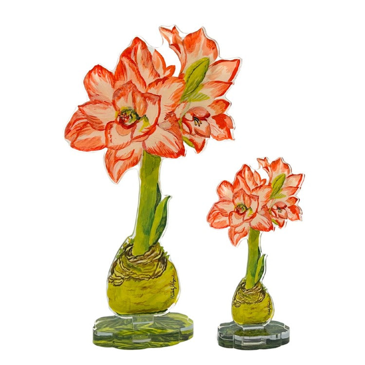 Single artificial amaryllis flower with peacock feather accents in pink and green acrylic.