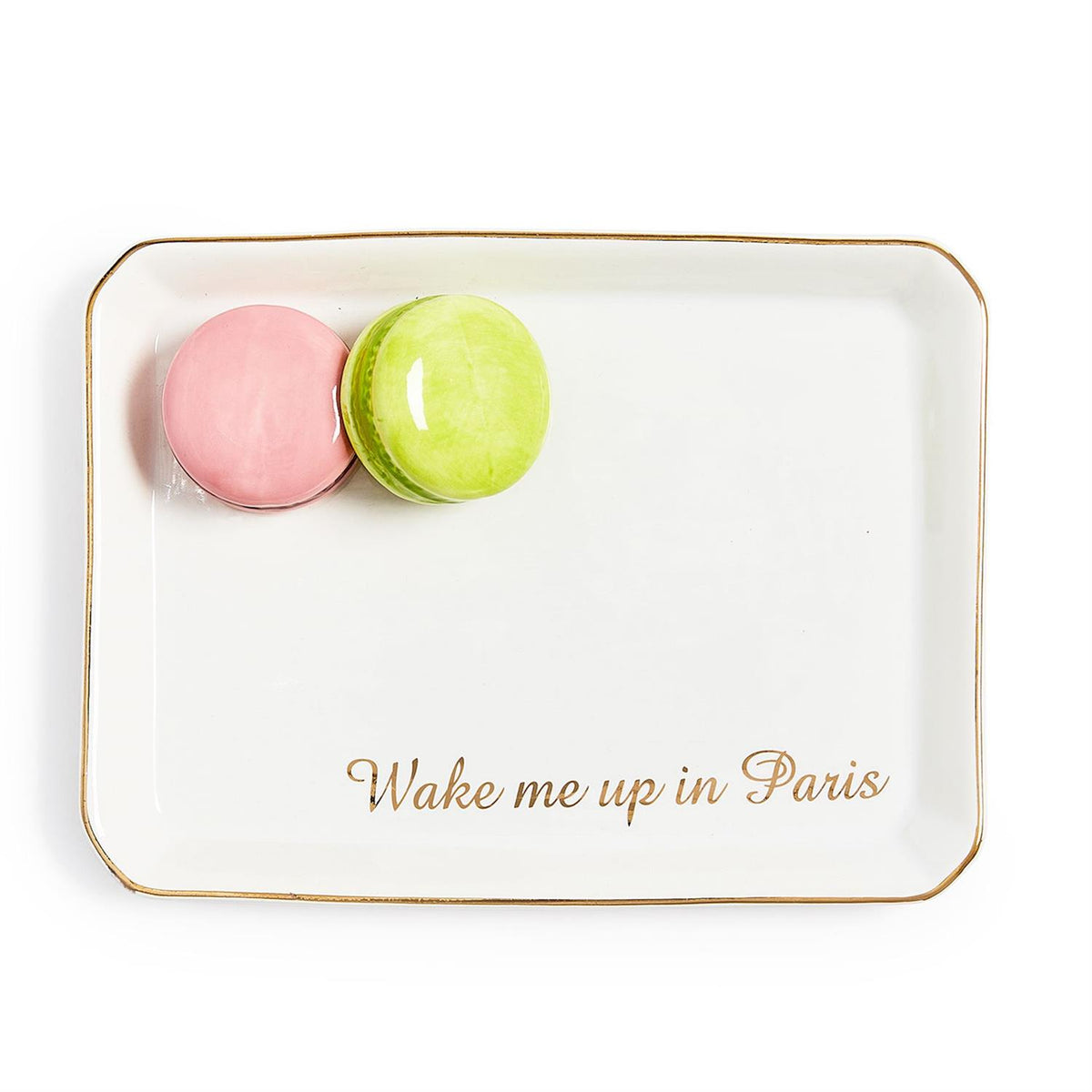 White ceramic trinket tray with pink and green macaron icons and gold 'Wake me up in Paris' text.