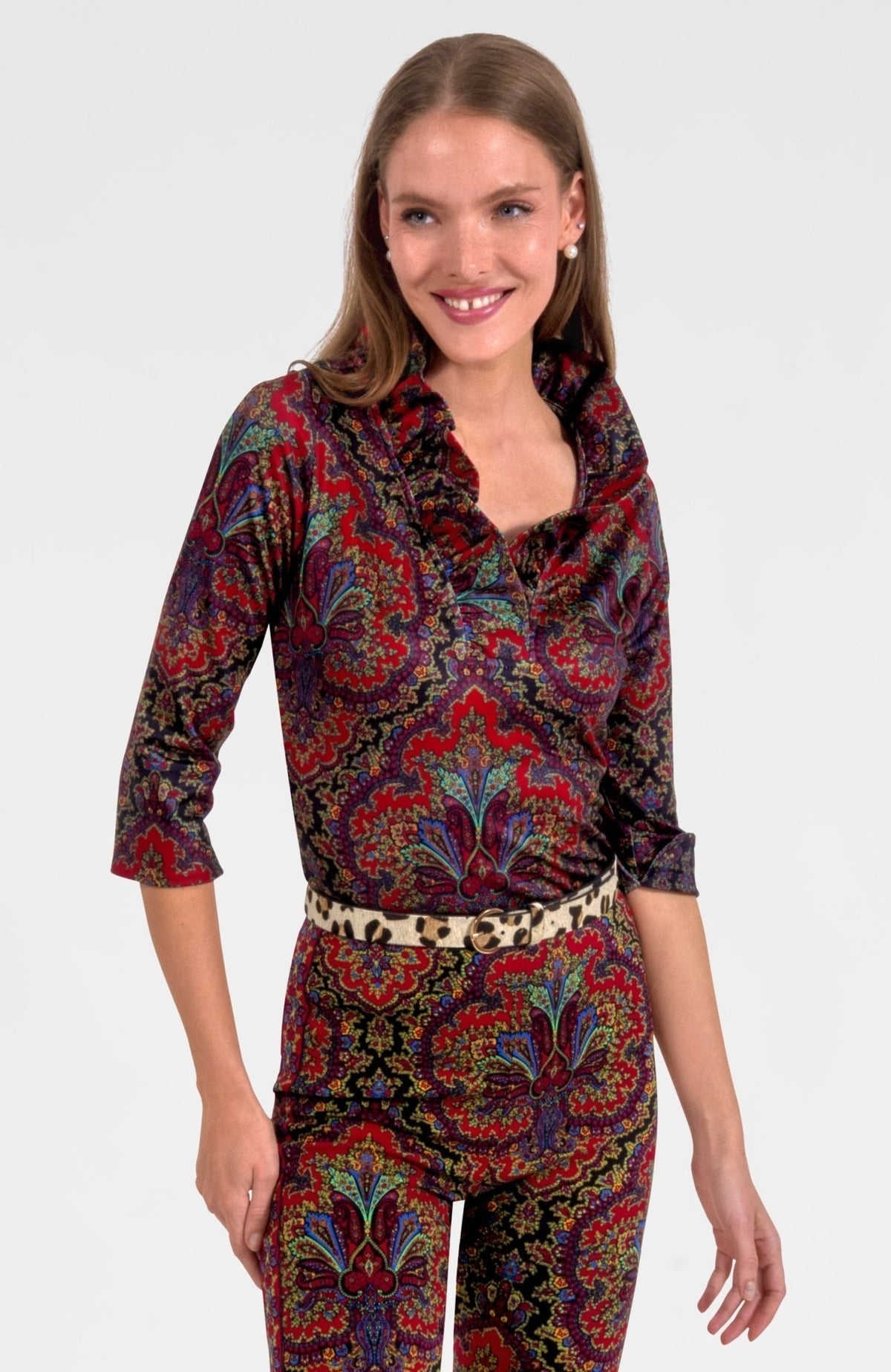 Black passion paisley print jersey top with ruffle neck, three-quarter sleeves, and stand-up collar.