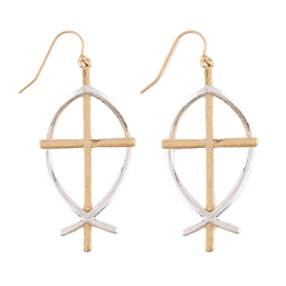 Ichthys fish and cross two-tone drop earrings in gold and silver finish.