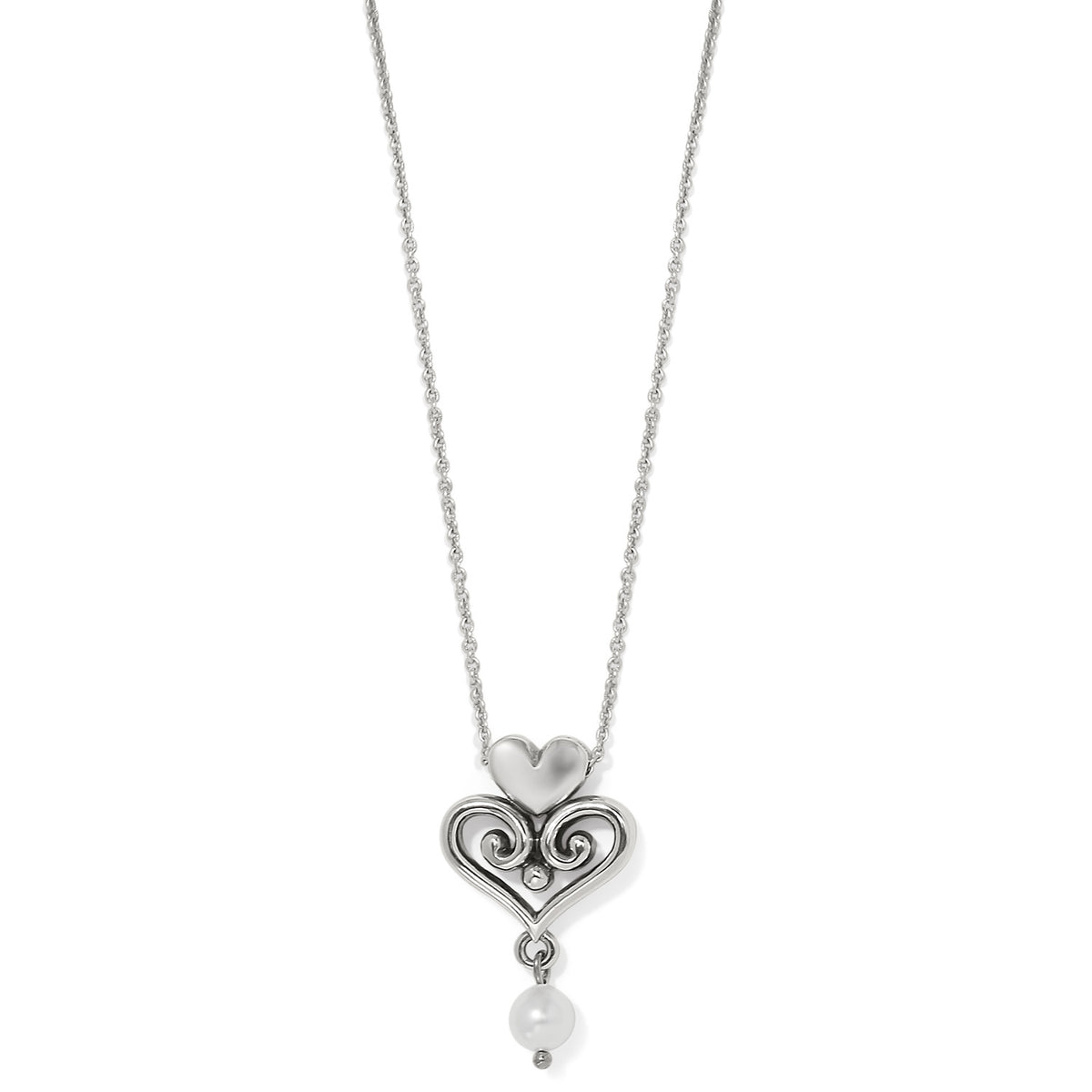 Alcazar Amor silver-plated necklace featuring a heart pendant with scrollwork and a pearl drop.
