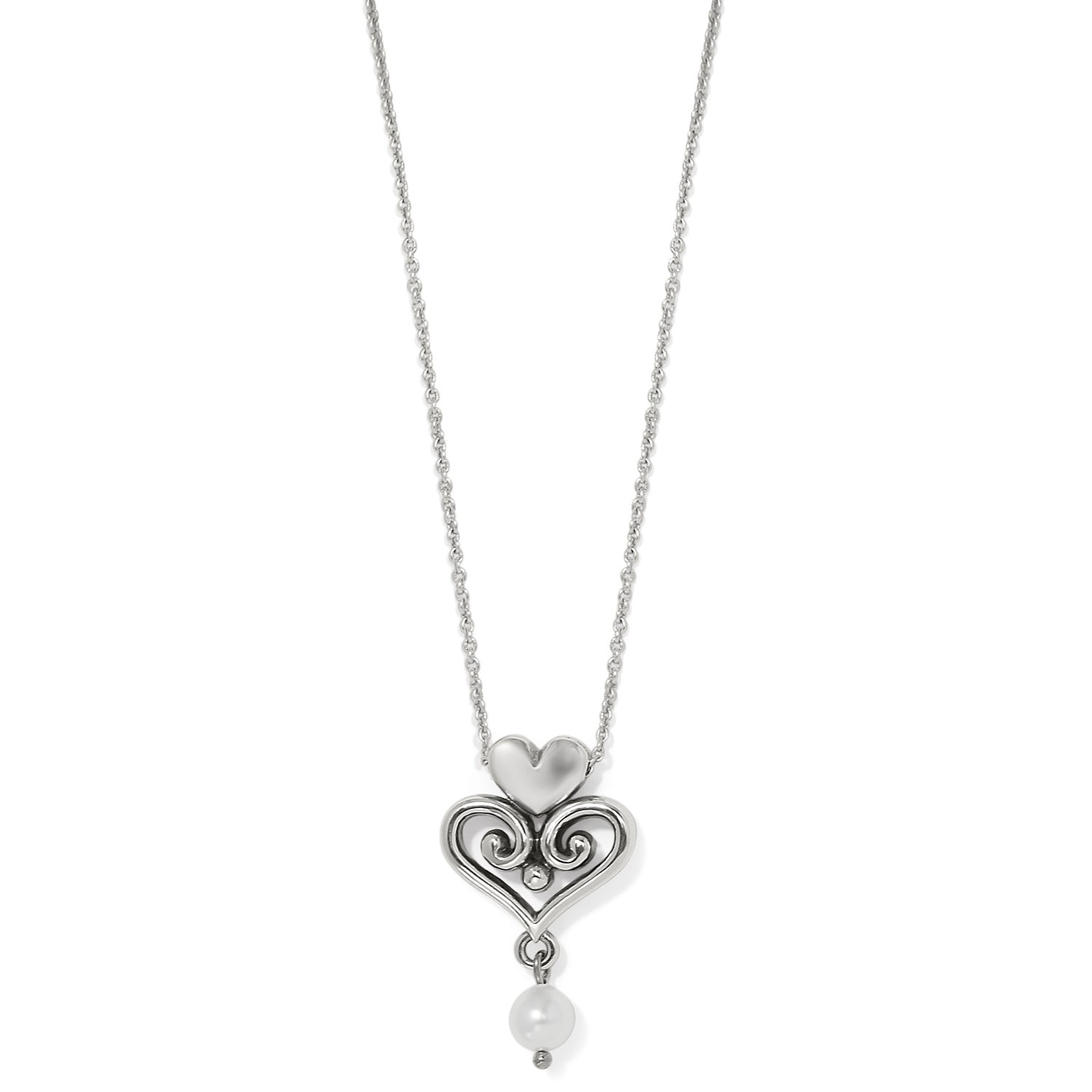 Alcazar Amor silver-plated necklace featuring a heart pendant with scrollwork and a pearl drop.