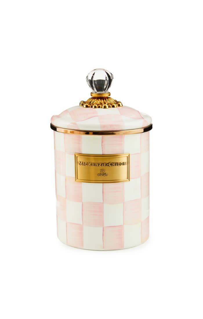 Medium Rosy Check enamel canister with hand-painted floral pattern on steel body and bronzed stainless rim.