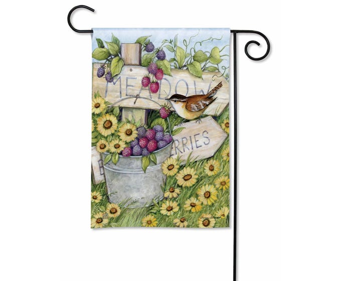 Garden flag featuring a bird, bucket of blackberries, yellow flowers, and a 'Meadow Berries' sign.